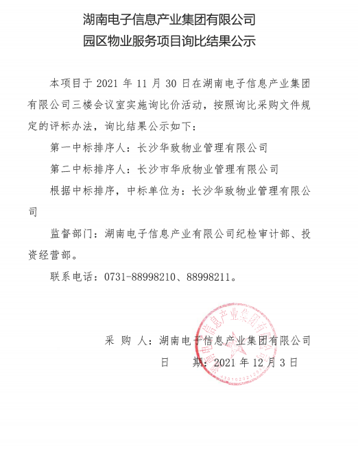 kaiyun开云网页版(中国)官方在线登录园区物业服务项目询比结果公示